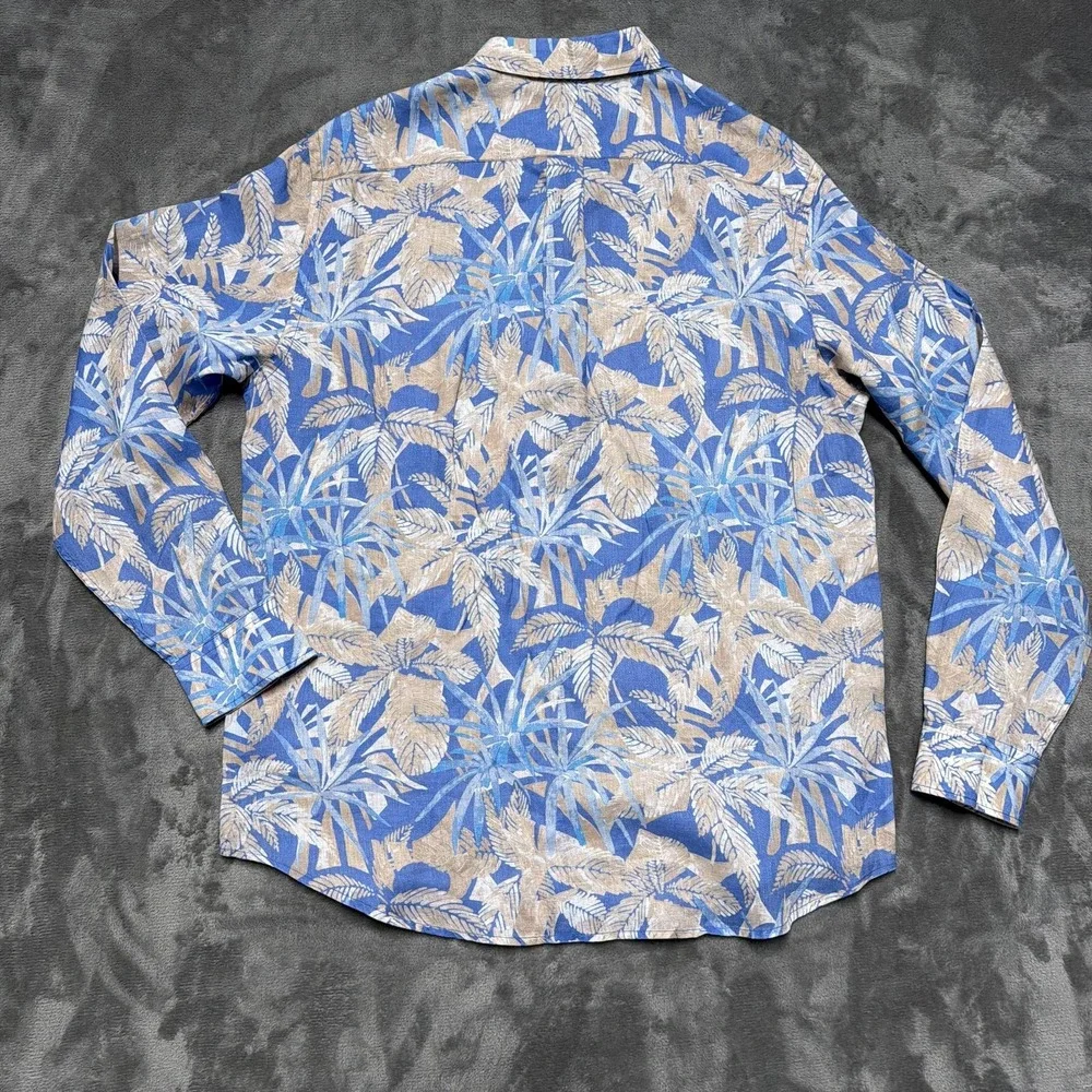 J. McLaughlin‎ Shirt Mens Medium Blue 100% Linen Hawaiian Palm Print Long Sleeve